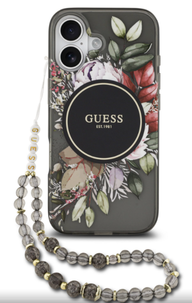 iPhone 17 Guess - 115 - IML FLOWERS STRAP MAGSAFE - fekete